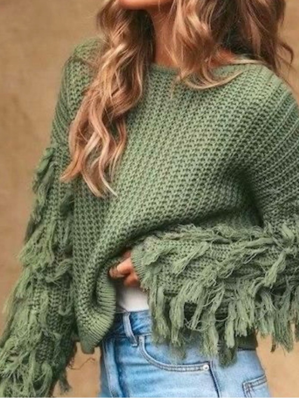NEW! Soleil Fringed Mock Neck Sweater - Sage Green M